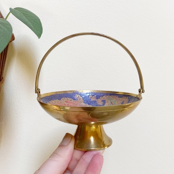 Vintage Brass Enamel Pedestal Dish Bowl Boho Decor
